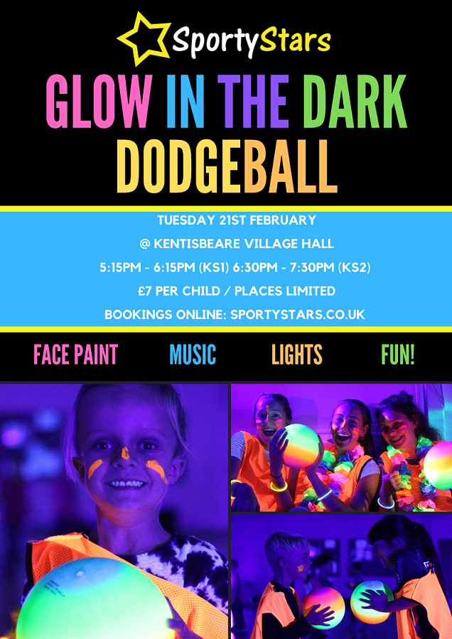 Poster for kids Glow in the Dark Dodge Ball in Kentisbeare, February 2023